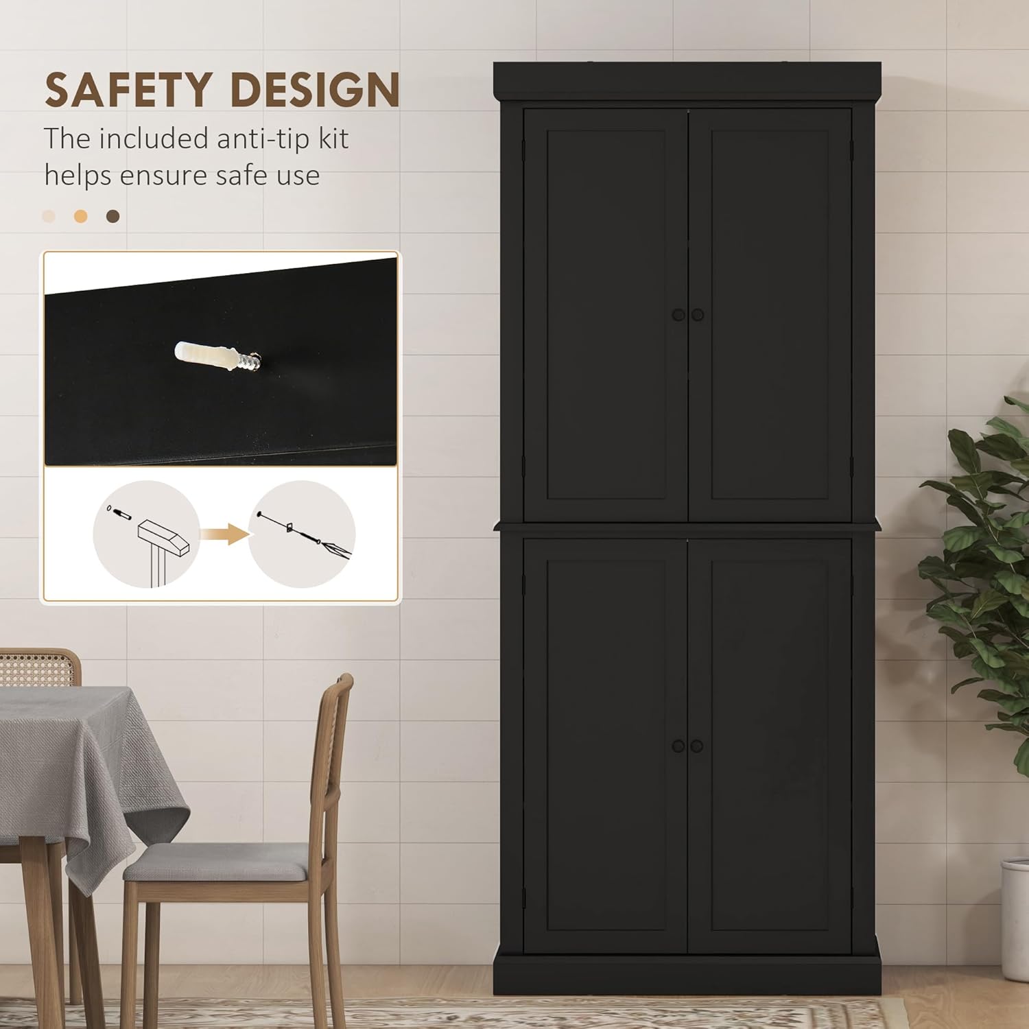 HOMCOM 72.5" Tall Kitchen Pantry Cabinet, Freestanding Modern Farmhouse Kitchen Storage Cabinet with 4 Doors and 2 Adjustable Shelves for Dining Room, Black