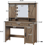 AOGLLATI Makeup Vanity with Lights & Barn Doors, Vanity Desk with Mirror and Lights & Charging Station, Farmhouse Brown Vanity Table with Jewelry Hooks and Open Storage Shelves