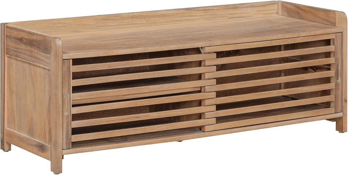 Ball & Cast Entryway Storage Bench with Shutter Doors, 43.3" Wooden Shoes Organizer, Modern Movable Upholstered Seat Entryway Shoe Rack Cabinet for Hallway Living Room, Natural White