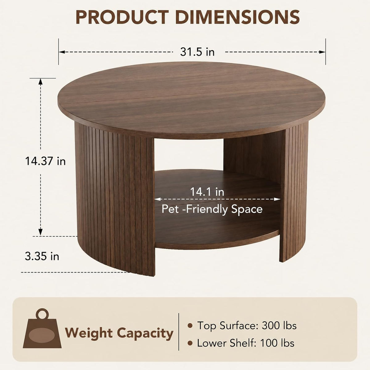 Round Coffee Table with Storage, 31.5" Modern Fluted Center Table, 2-Tier Mid Century Coffee Table, Wood Circle Table for Living Room, Home Office, Small Space, Walnut