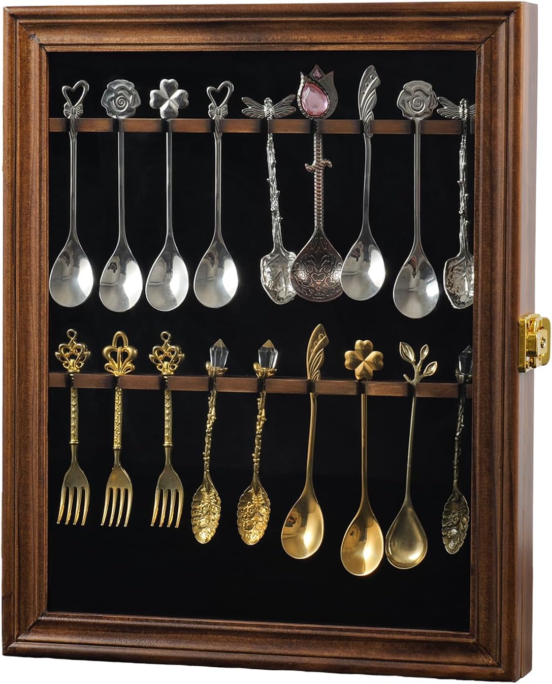 18 Souvenir Tea Spoon Display Case Wall Mount Lockable UV Protection Acrylic Door Wood Display Rack Stand for Spoon Collection(Fire Burning Color)