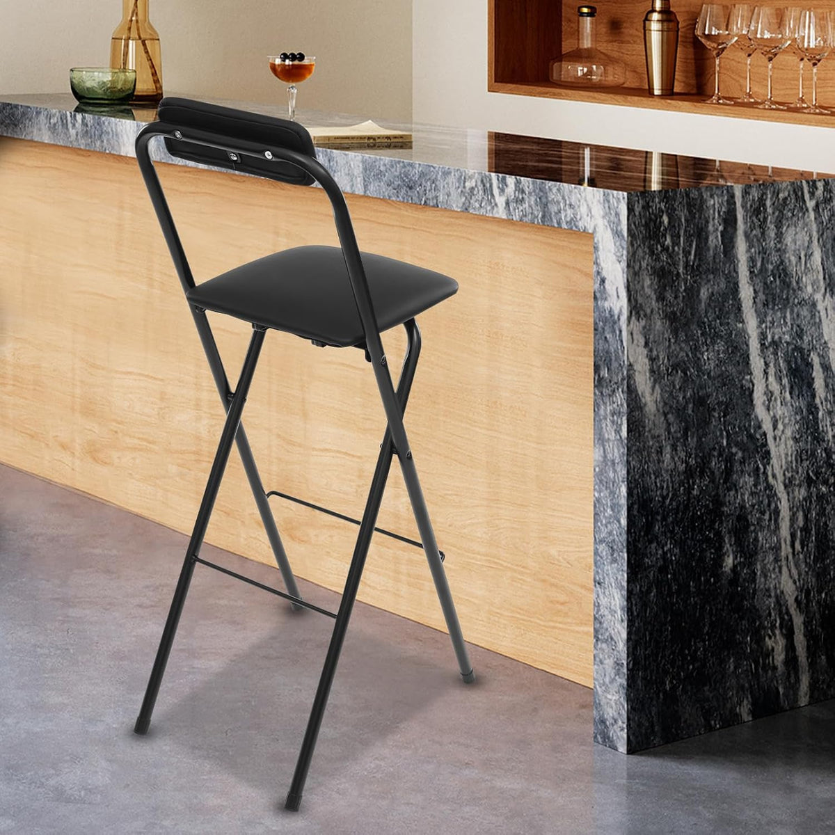 1 Pcs Folding Bar Stools, 29.5 Inch Portable Tall Chairs with Backrest, Carbon Steel Frame and PU Padded Seat for Kitchen, Cafe, Living Room, Camping (Black-2)