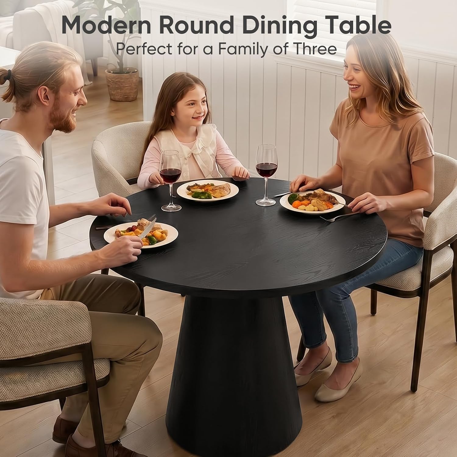 Comfy to go 35" Round Dining Table Wood for 2-3, Modern Farmhouse Kitchen Table with Concrete Pedestal Base, Small Circle Dining Table for Kitchen Living Room (Black)