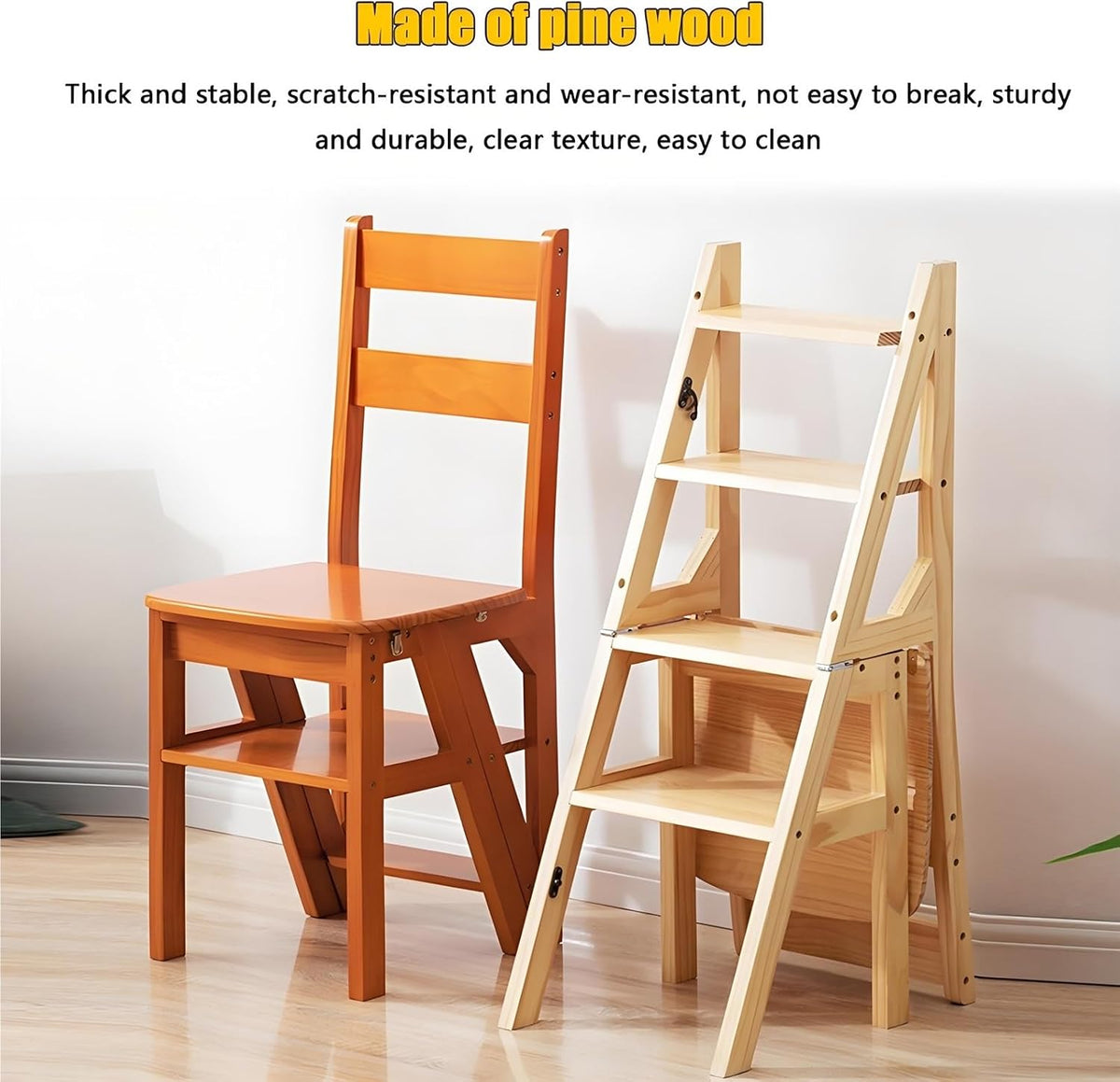 Aimery Library Ladder Chair, 2 in 1 Portable 4-Step Ladders, Wood Foldable Stool for Home, Library, Office(Dark Walnut,A)