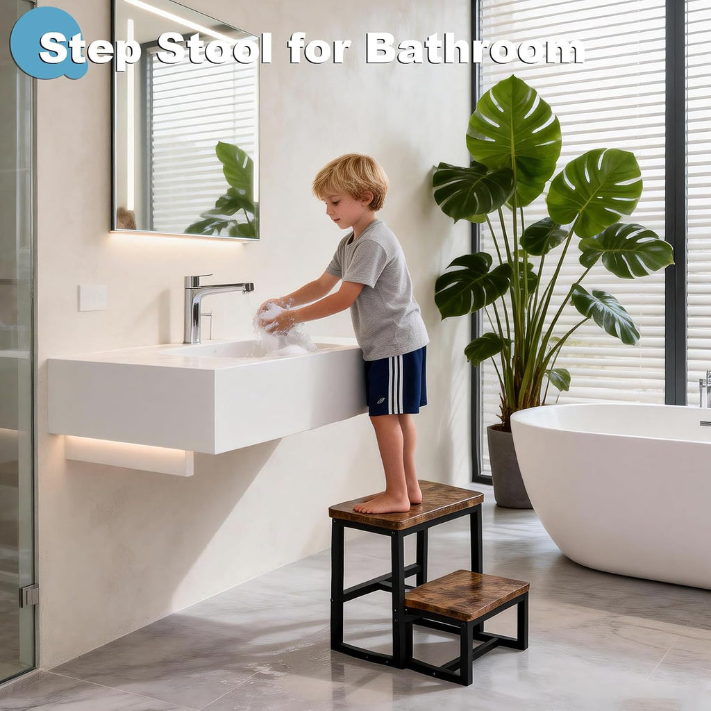 2 Step Stool for Adults Wooden Step Stool with 500 Lbs, Rustic Brown | Kitchen Step Stool, 3 in 1 Heavy Duty Stepping Stool, Tall Bedside Foot Stool for Kichen/Bathroom/Bedroom High Beds, Non-Slip