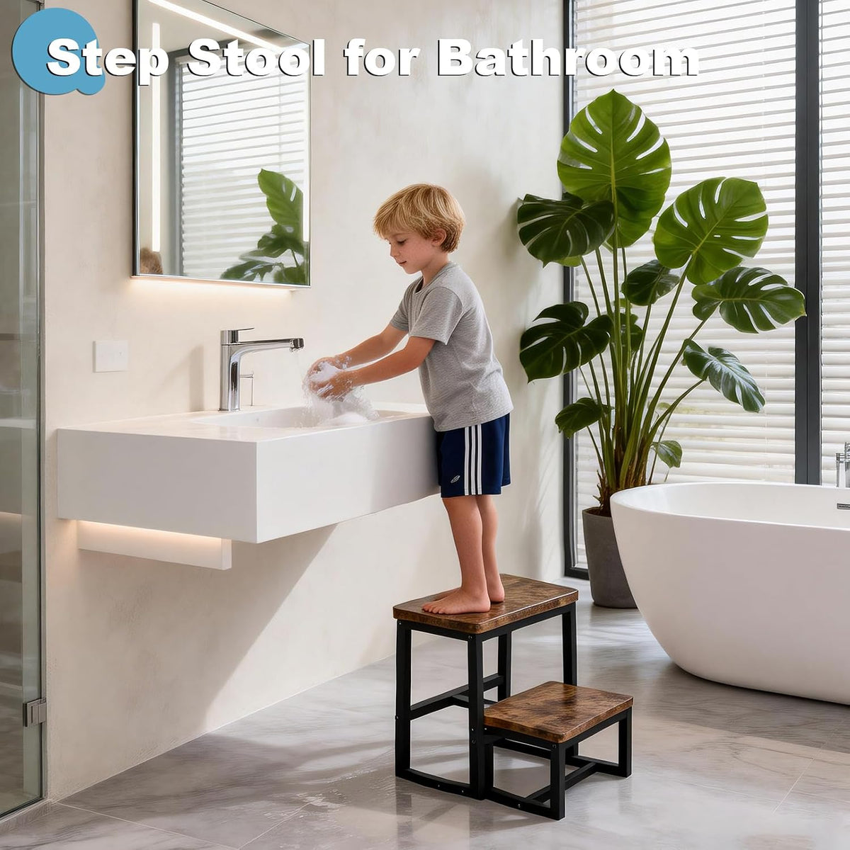 2 Step Stool for Adults Wooden Step Stool with 500 Lbs, Rustic Brown | Kitchen Step Stool, 3 in 1 Heavy Duty Stepping Stool, Tall Bedside Foot Stool for Kichen/Bathroom/Bedroom High Beds, Non-Slip