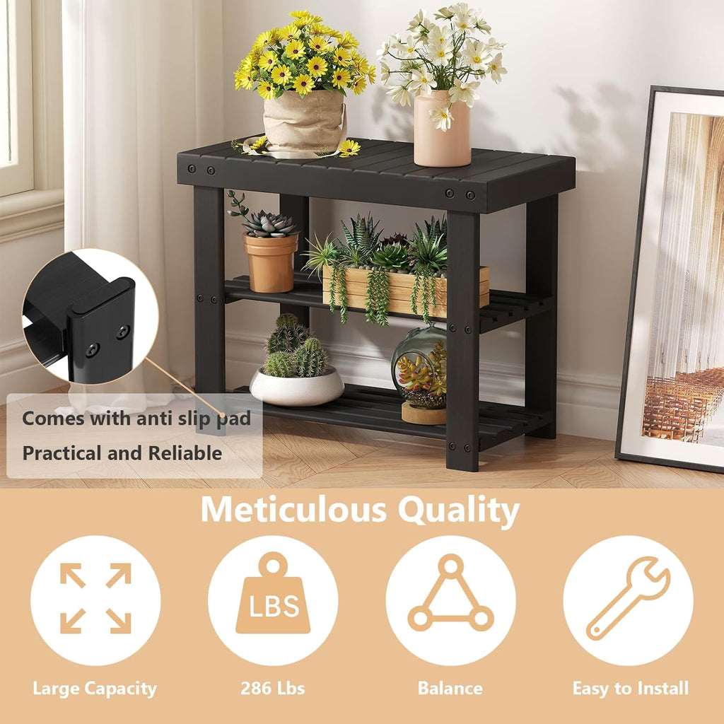 Sweetcrispy Shoe Rack Bench, 3-Tier Bamboo Entryway Storage Organizer, 286lb Capacity, Shoes Stand for FrontDoor Entrance, Bedroom, Living Room, Bathroom, Balcony, 19 Inches Length, Black