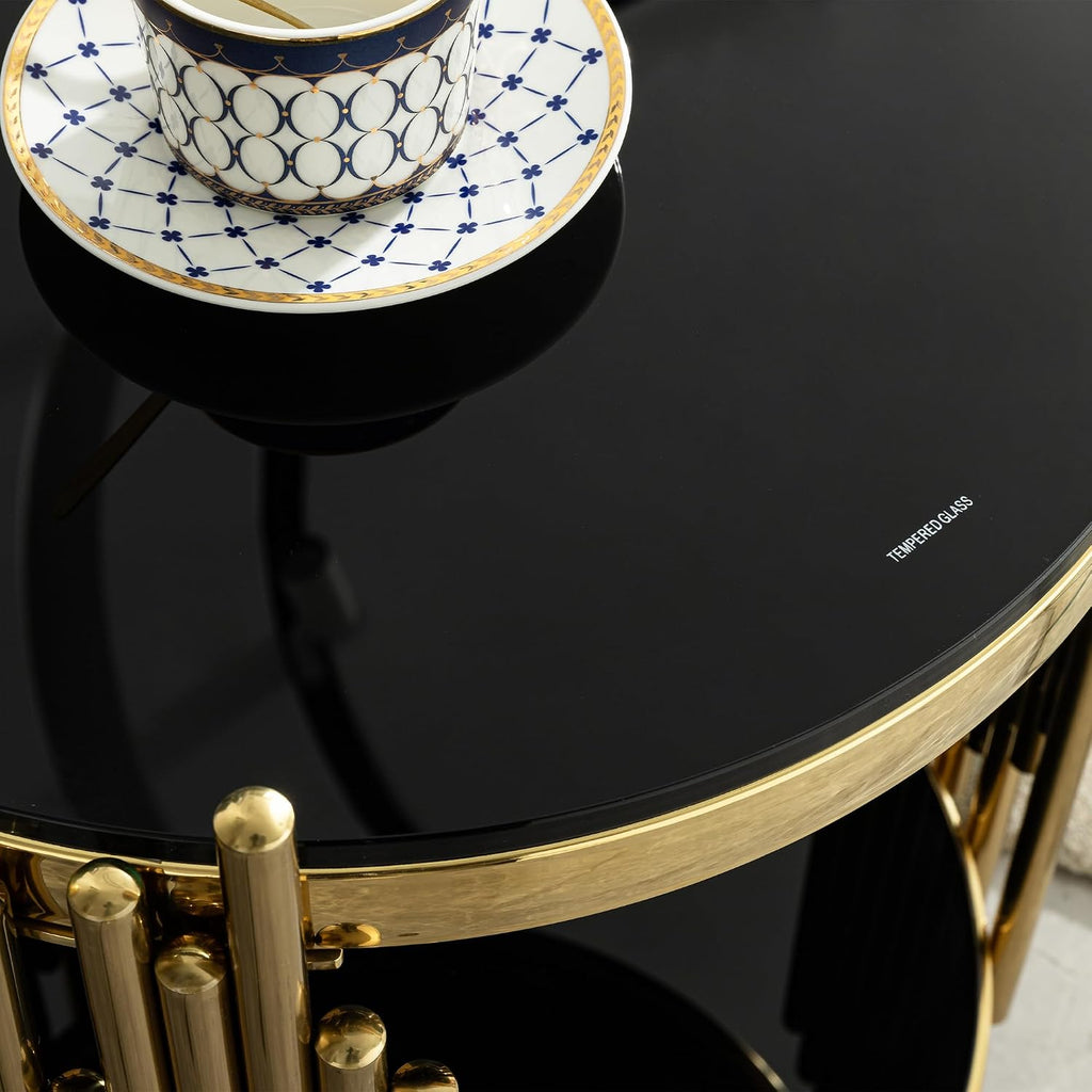 Gold Black End Table with Golden Stainless Steel Frame,Modern Glass Bedside Nightstand Table,Glass Cocktail Small Living Room Coffee Table
