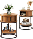 Turtle&Myrtle Small Round Side Table with Storage, 2-Tier Wooden End Table with Sliding Door and Shelf, Mid-Century Circle Nightstand for Living Room, Bedroom, Walnut, 2PC