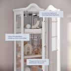 BELLEZE Lighted 3-Side Glass Display Curio Cabinet w/ Tempered Glass Doors and Shelves, Curved Wood Corner Cabinet with Bulb, Corner Storage Rack (White)