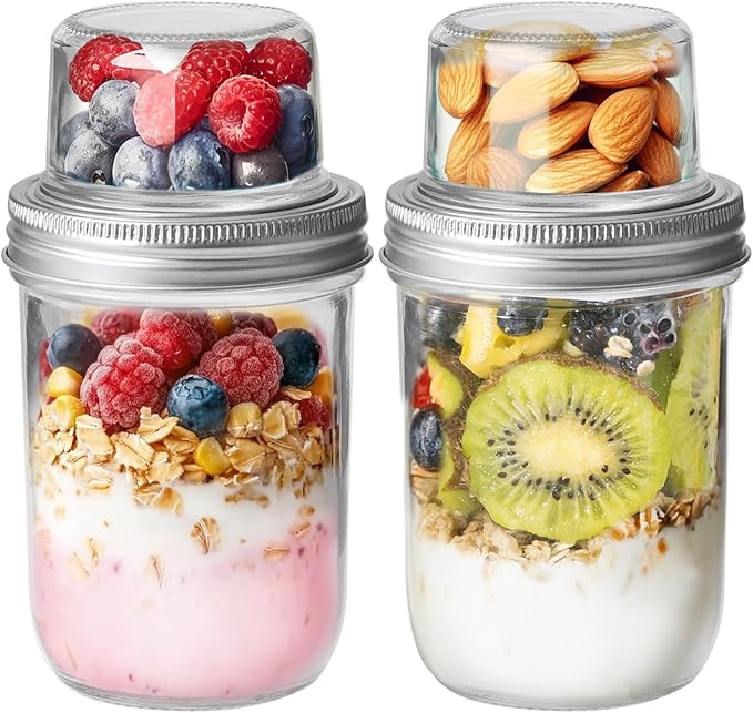 ComSaf 2-Pack 20 oz Overnight Oats Containers with Lids On-The-Go Dual-Laryer Yogurt Parfait Cups with Dry and Wet Separation Mason Jars for Chia Pudding Cereal Nut Fruit Meal Prep Salad