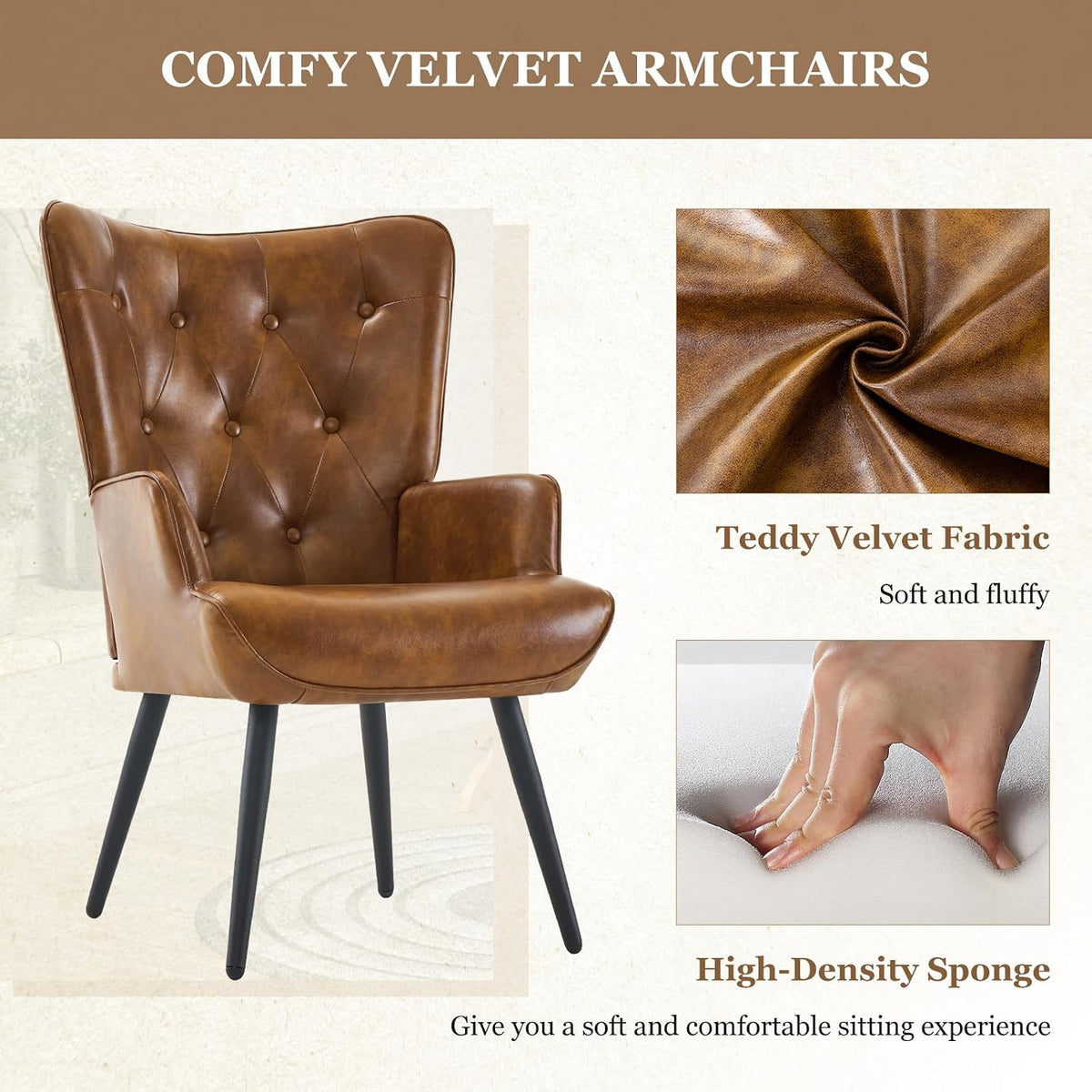 Furnimart Accent Chairs Set of 2, Brown PU Leather Reading Armchair with High Backrest, Wingback Corner Chair Mid Century Modern for Living Room, Bedroom, Waiting Room