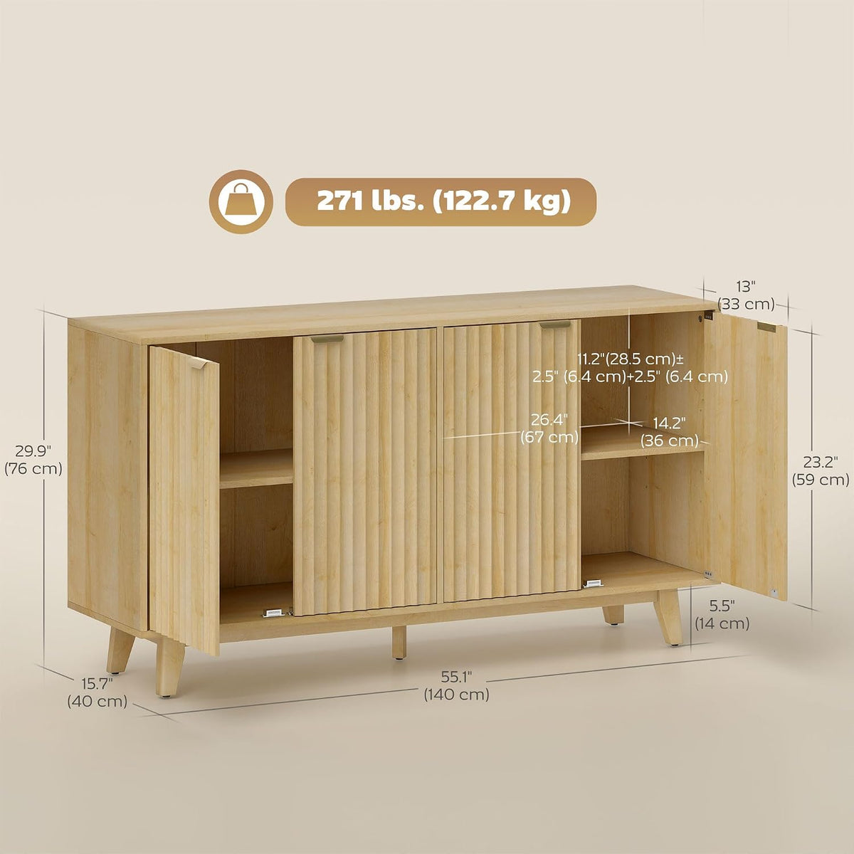 HOMCOM Fluted Sideboard Buffet Cabinet, 55" Modern Accent Console Cabinet with 4 Doors, 2 Adjustable Shelves and 5 Wood Legs, Oak