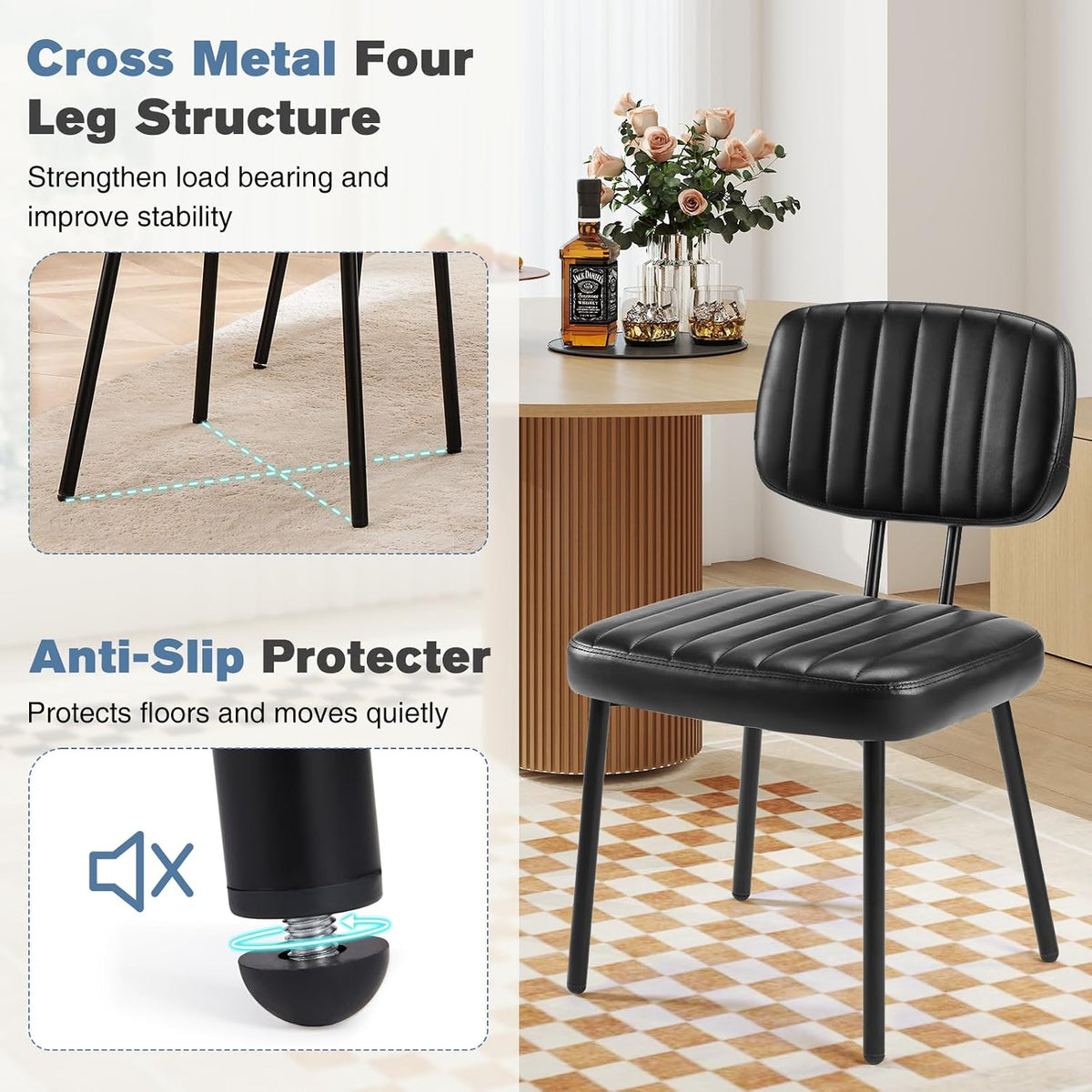 DUMOS Dining Chairs Set of 6, Upholstered Mid-Century PU Leather Accent Chair with Backrest and Metal Legs for Kitchen, Dining Room, Living Room, Black