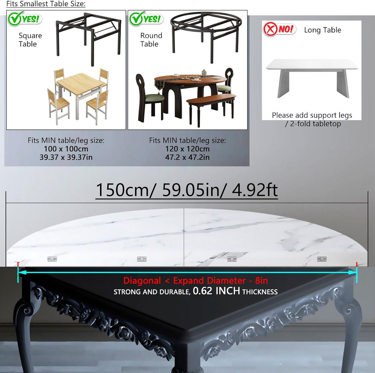 Big Foldable Round Table Tops only Extender, Large Round Folding Tabletop Extender Extend-8in No Legs, 4-fold Portable Wooden Dining Table top for Dining/Kitchen (White, D:59.05IN)