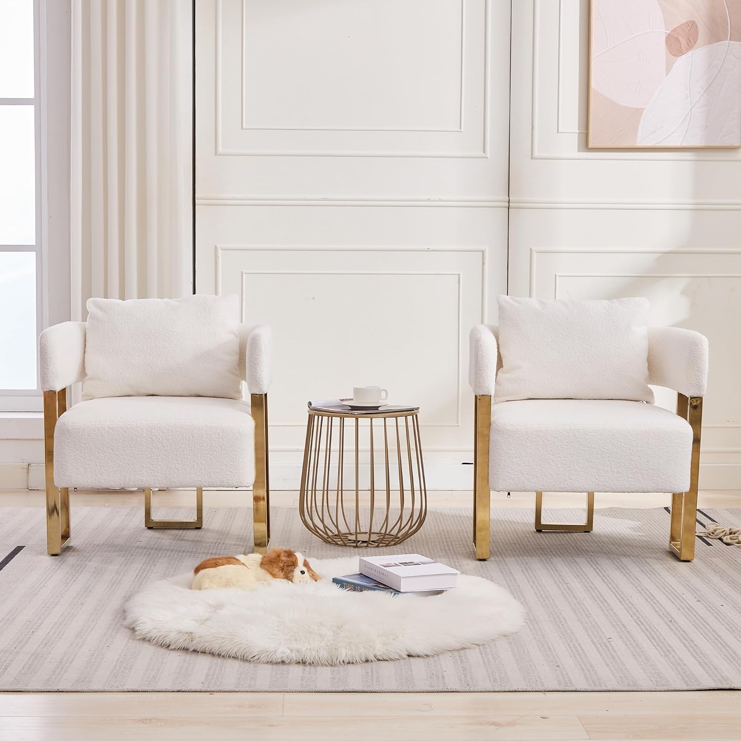 YITAI Modern Accent Chairs no Wheels, Living Room Side Chairs Set of 2 with Golden Metal Legs, Barrel Soft Teddyt Upholstered Reading Armchairs for OfficeReception RoomBedroomLounge,White