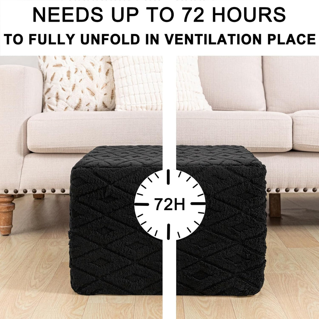 Fluffy Square Ottoman Pouf with All-in-One Foam Filling 20 x 14 Inches Furry Ottoman Foot Rest Foot Stool for Living Room or Bedroom (Black)