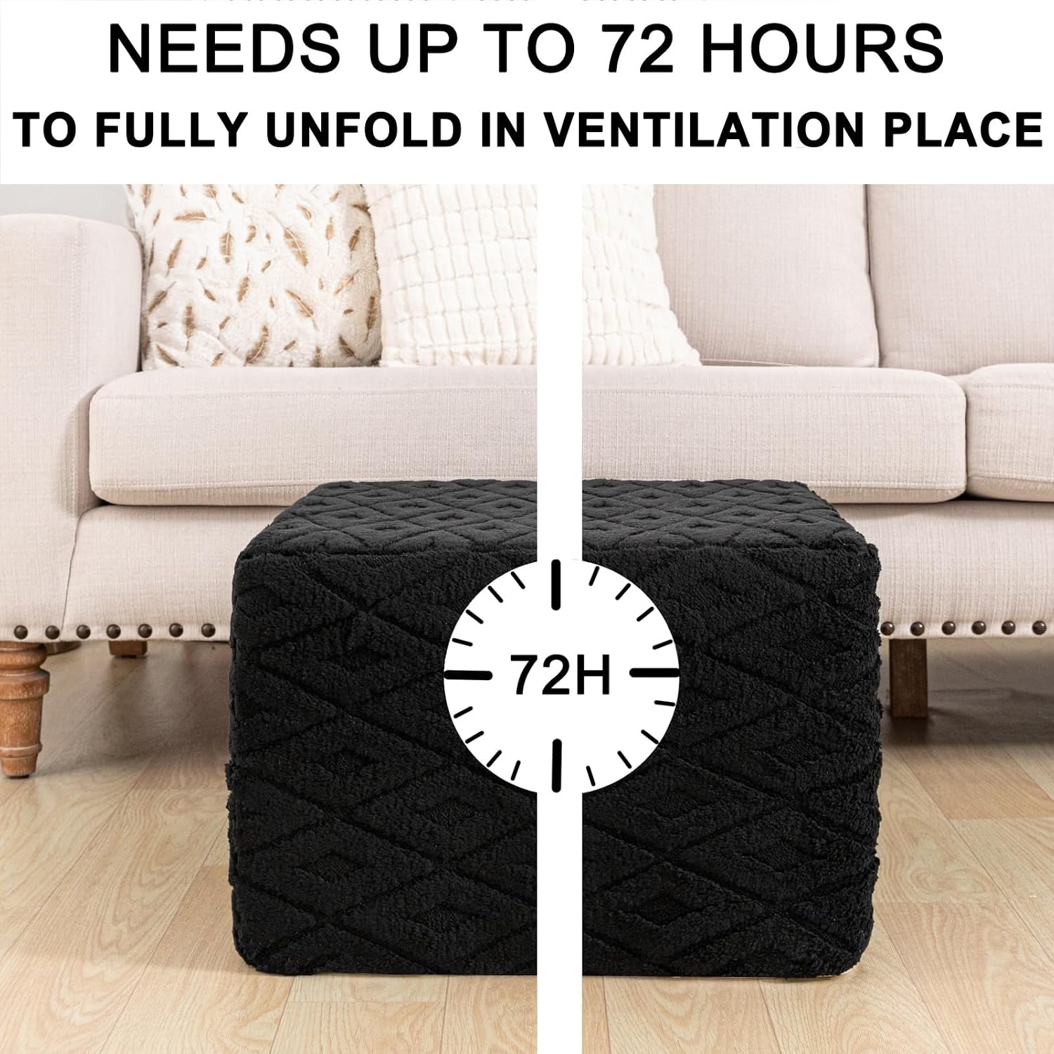 Fluffy Square Ottoman Pouf with All-in-One Foam Filling 20 x 14 Inches Furry Ottoman Foot Rest Foot Stool for Living Room or Bedroom (Black)