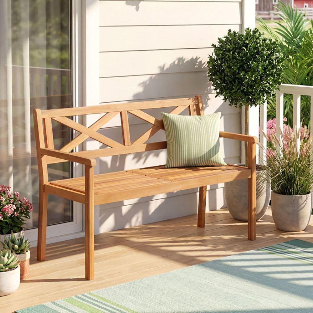 Acacia Wood 2-Person Porch Chair Armrests Backrest 44in Seat Width 800lb Capacity Poolside