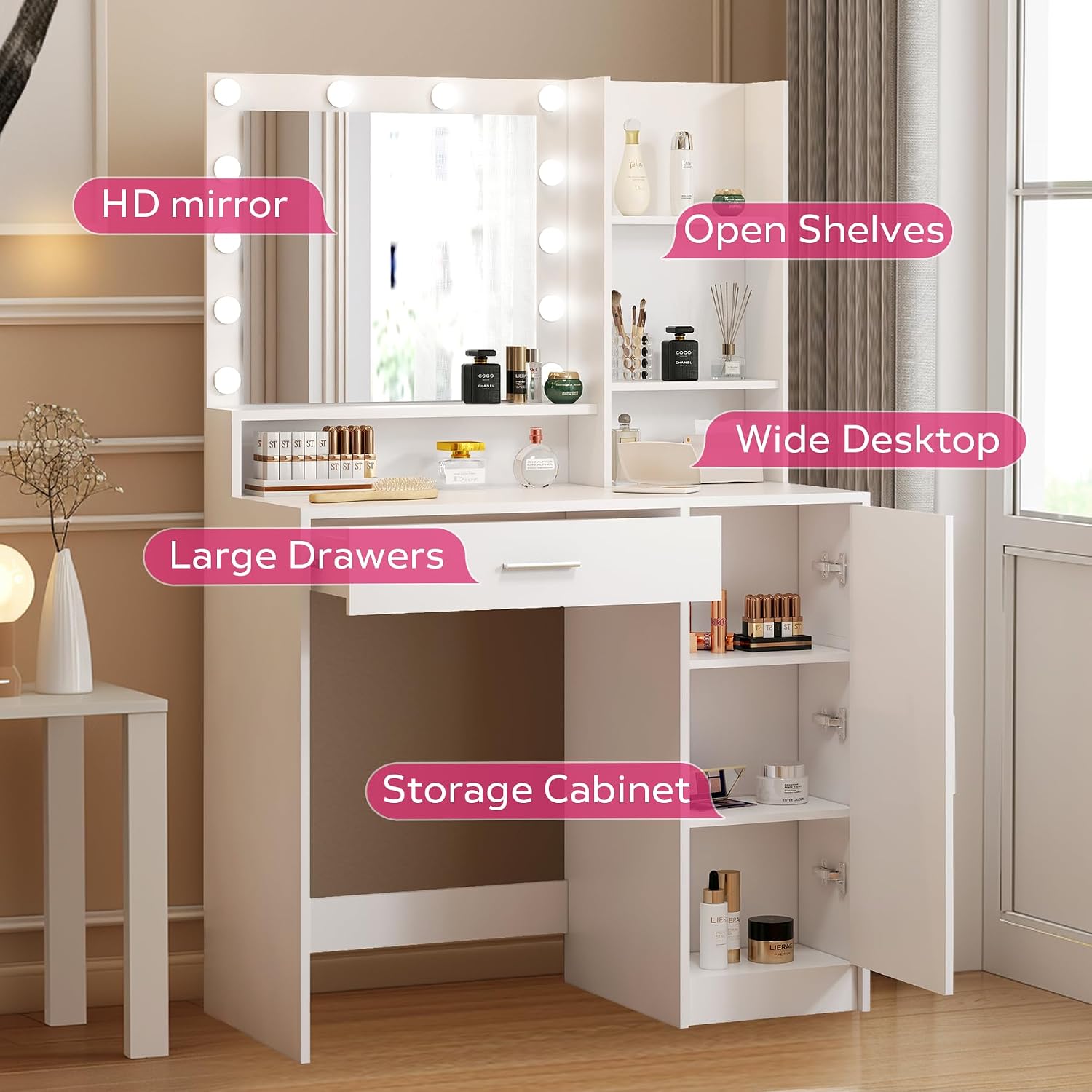 Palimder Vanity Desk with Mirror & Light, Large Drawer Three Level Storage Dresser, 3 Lighting Modes Adjustable Brightness, Bedroom Dressing Table