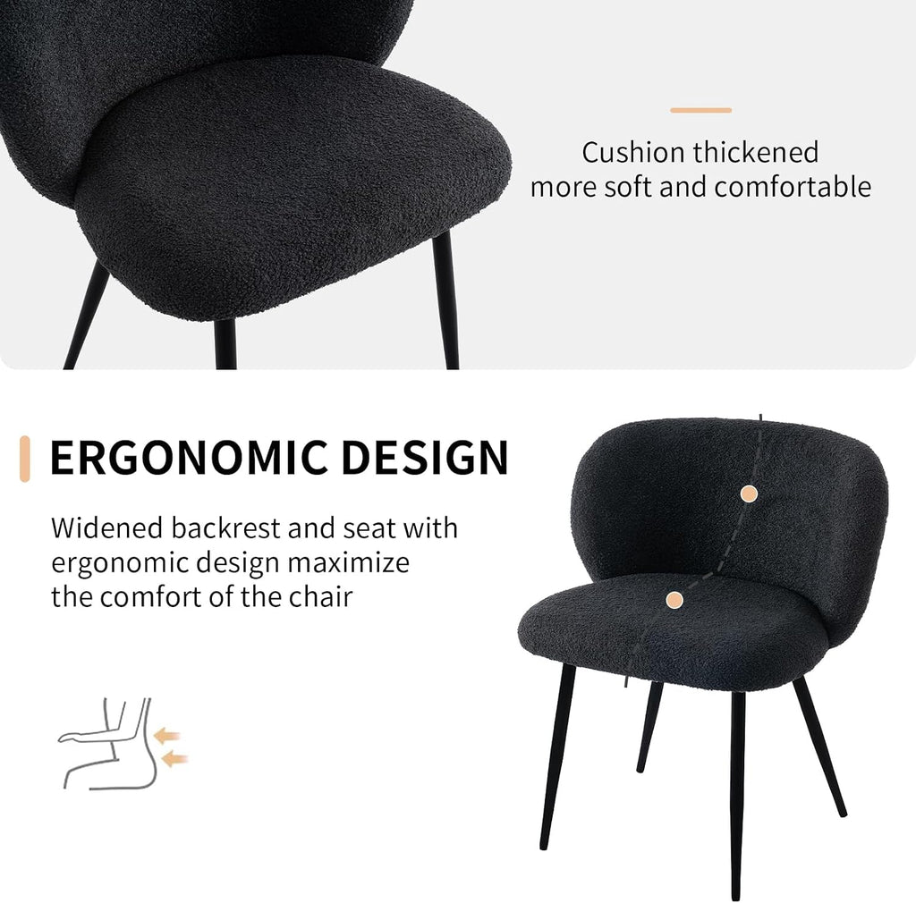 Modern Teddy Dining Chairs Set of 4, Comfy Kitchen Armless Chairs with Thick Cushions, Wingback Chair, Upholstered Dining Room Chairs with Metal Legs for Dining Room, Living, Black