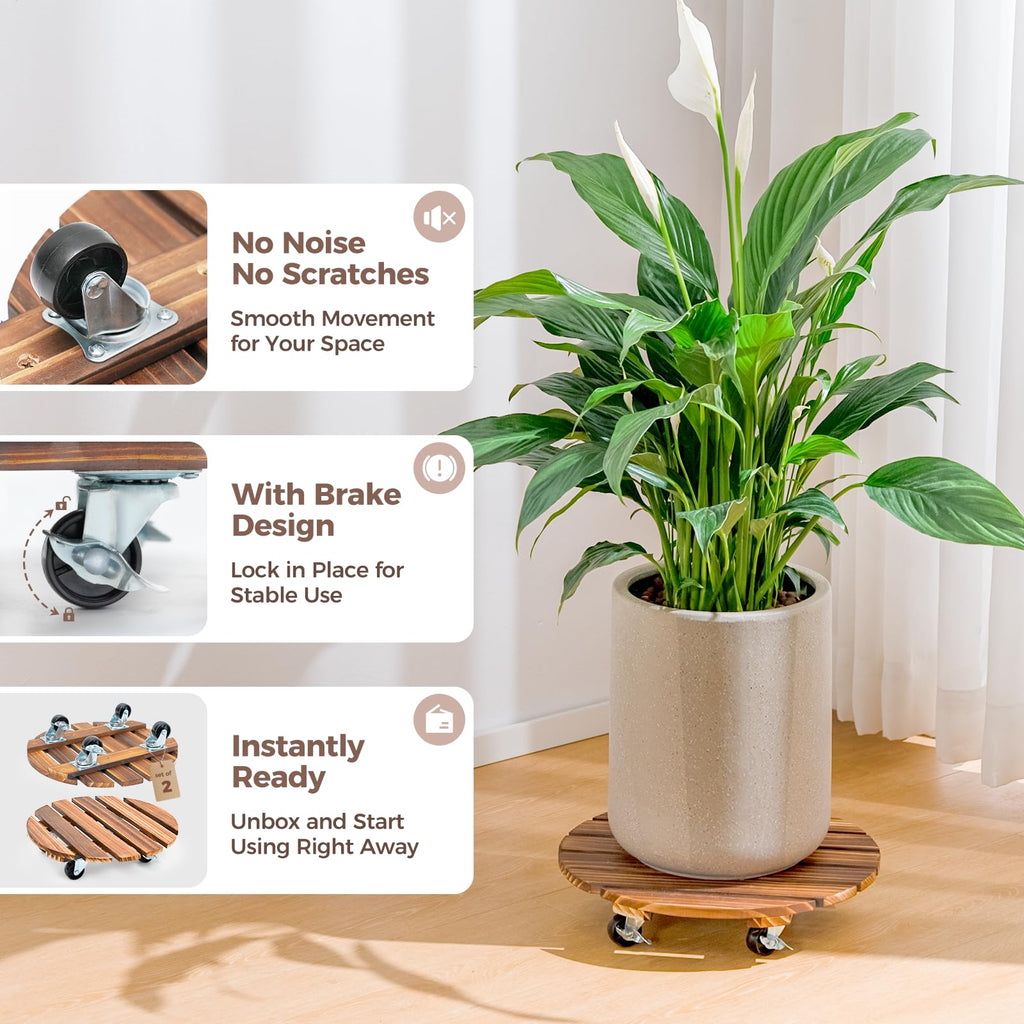 Bamworld Plant Stand Outdoor Rolling Tray Plant Caddy with Wheels 12in Plant Caster with Wheels Planter Caddy Flower Cart Plant Dolly for Heavy Duty Large Plants Plant Rollers (2 Pack )