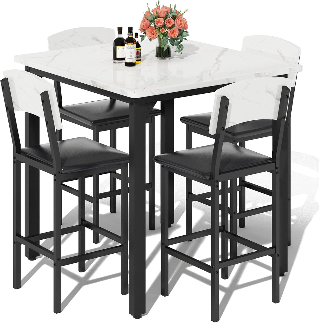 AWQM 5-Piece Dining Table Set, Kitchen Table Set for 4 (White) | Counter Height Table & 4 Upholstered Bar Stools, Compact Dining Set for Small Spaces, Dining Room, Kitchen，Easy to Assemble