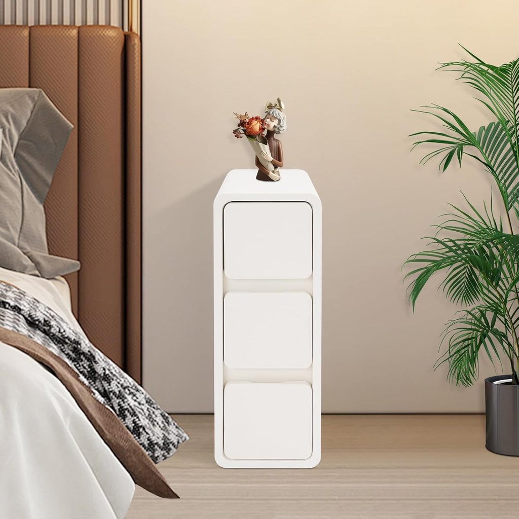 Solid Wood End Table, Narrow Bedside Table with 3 Drawers w/Leather Surface for Bedroom, Small Spaces, Living Room, Off-White