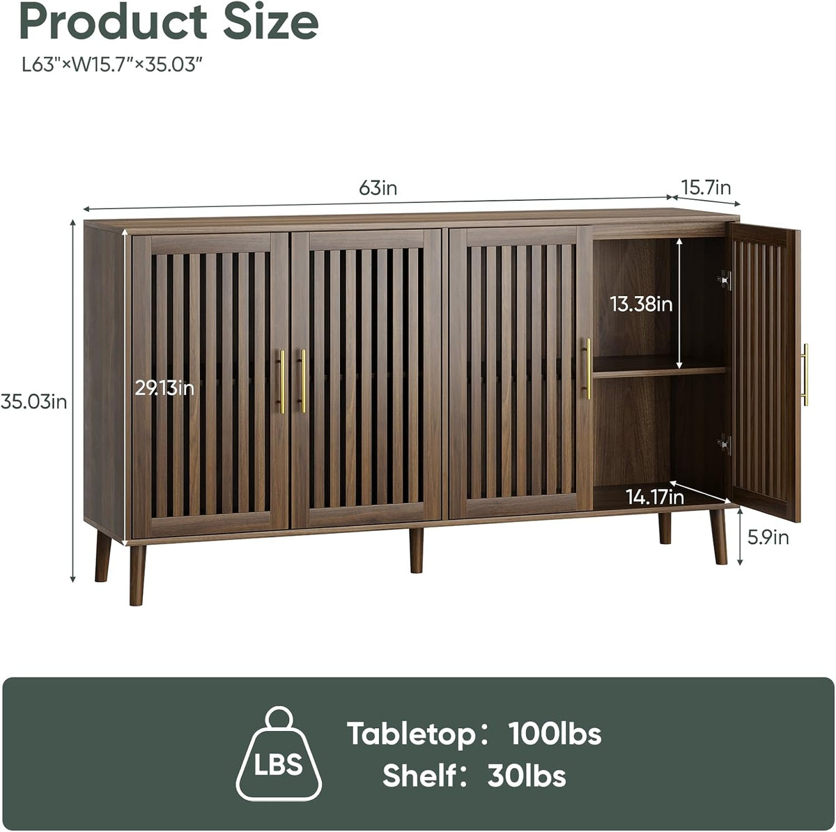Smart FENDEE 63" Long Sideboard Buffet with 4 Slatted Doors, Farmhouse Buffet Storage Cabinet with Adjustable Shelf, Coffee Bar Cabinet for Entryway, Kitchen, Dining Room, Living Room, Walnut Color