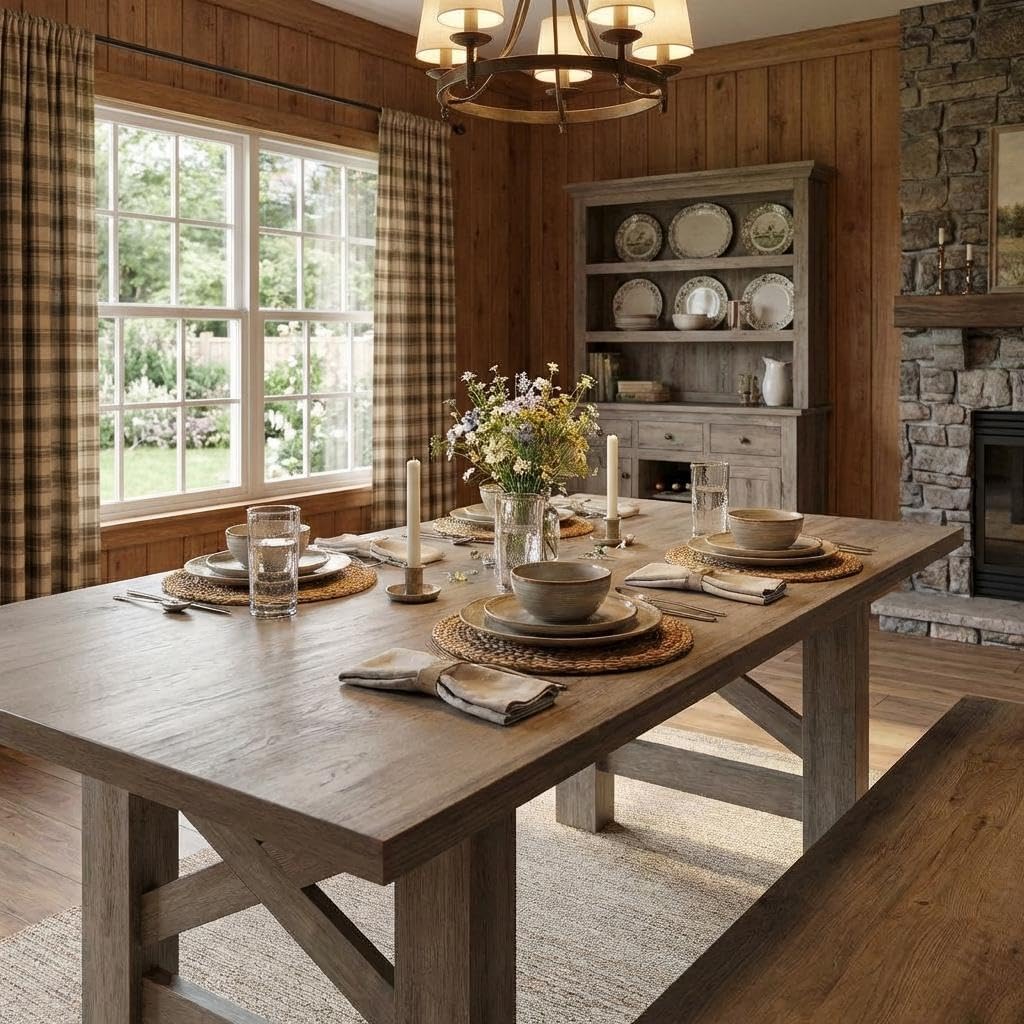 Takywep 71" Large Dining Table for 6-8, Farmhouse Wooden Kitchen Table with Sturdy Triangular Legs, Thick Rectangle Tabletop, Heavy-Duty Base for Dining Room, Apartment, Kitchen, Rustic Gray