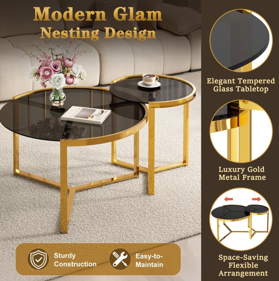 31.5" Gold Round Nesting Coffee Table Set of 2, Modern Tempered Glass Cocktail Tables with Sturdy Metal Frame, Glam Accent Side Tables for Living Room, Black