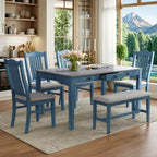 LUMISOL 6-Piece Dining Table Set with Bench, Farmhouse Solid Wood Kitchen Table Set with Bench, 4 Upholstered Chairs & Storage Drawers for Kitchen, Dining Room, Living Room, Antique Blue