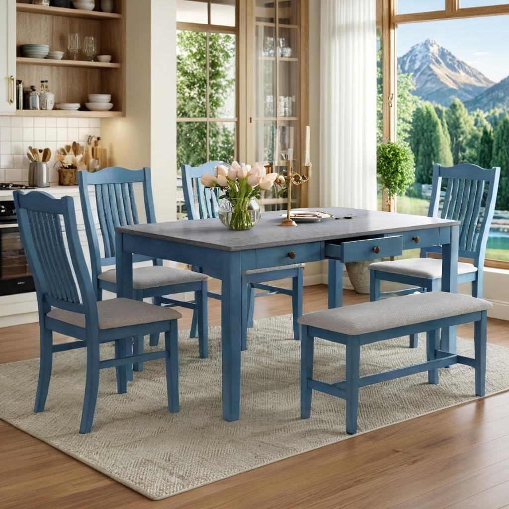 LUMISOL 6-Piece Dining Table Set with Bench, Farmhouse Solid Wood Kitchen Table Set with Bench, 4 Upholstered Chairs & Storage Drawers for Kitchen, Dining Room, Living Room, Antique Blue