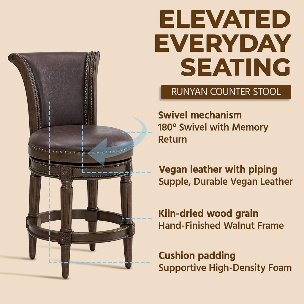 ROME + OAK Runyan 26 Swivel Counter Stool, Set of 3 | Rotating High Back Barstool in Dark Walnut Finish with Vintage Brown Vegan Leather Seat