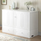 Mjkone Murphy Cabinet Bed Queen Size White No Mattress | with Tri-Folding Mattress, 2 Storage Drawers & USB Charging Station, Wooden Wall Chest Bed