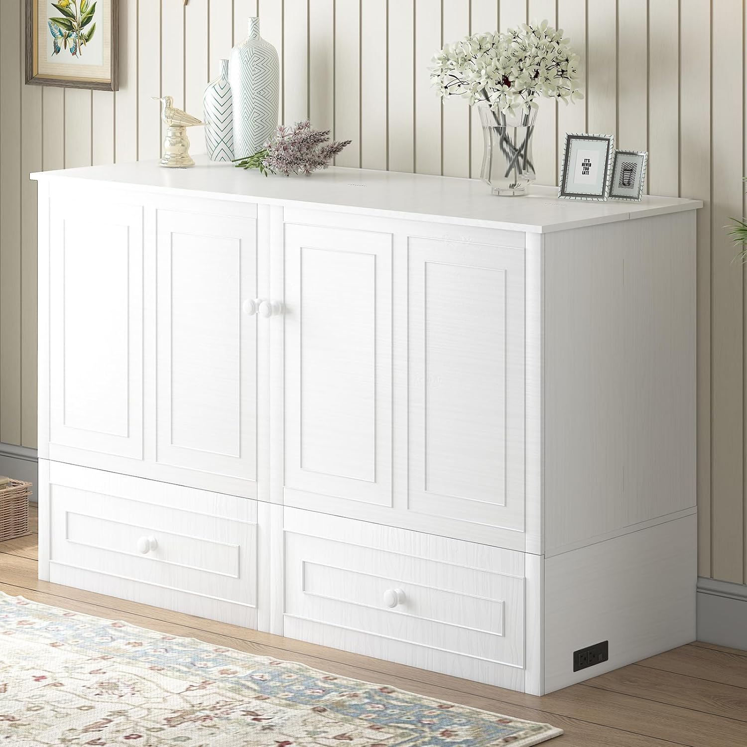 Mjkone Murphy Cabinet Bed Queen Size White No Mattress | with Tri-Folding Mattress, 2 Storage Drawers & USB Charging Station, Wooden Wall Chest Bed