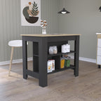 Kitchen Island with Four Legs and Three Shelves - Black/Light Oak | Three shelves and four legs for stable support and ample storage