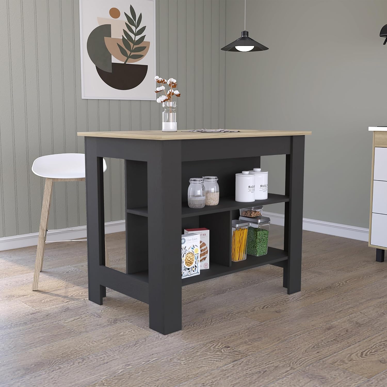 Kitchen Island with Four Legs and Three Shelves - Black/Light Oak | Three shelves and four legs for stable support and ample storage