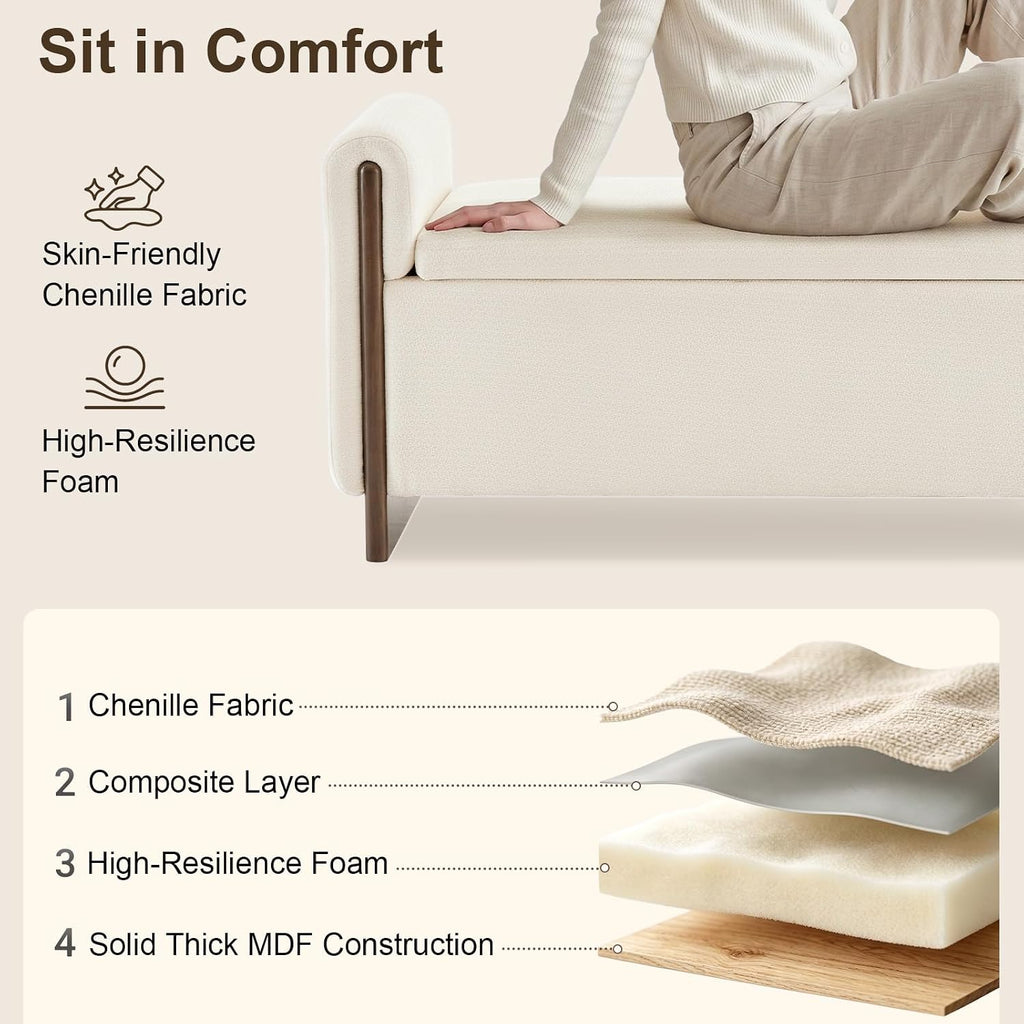 50.8 inch Storage Ottoman Bench with Armrests, Hidden Storage, Beige | End of Bed Bench, Bedroom Storage Bench , Chenille Upholstery, Solid Wood Legs, Entryway Bench, Living Room, Bedroom, Hallway
