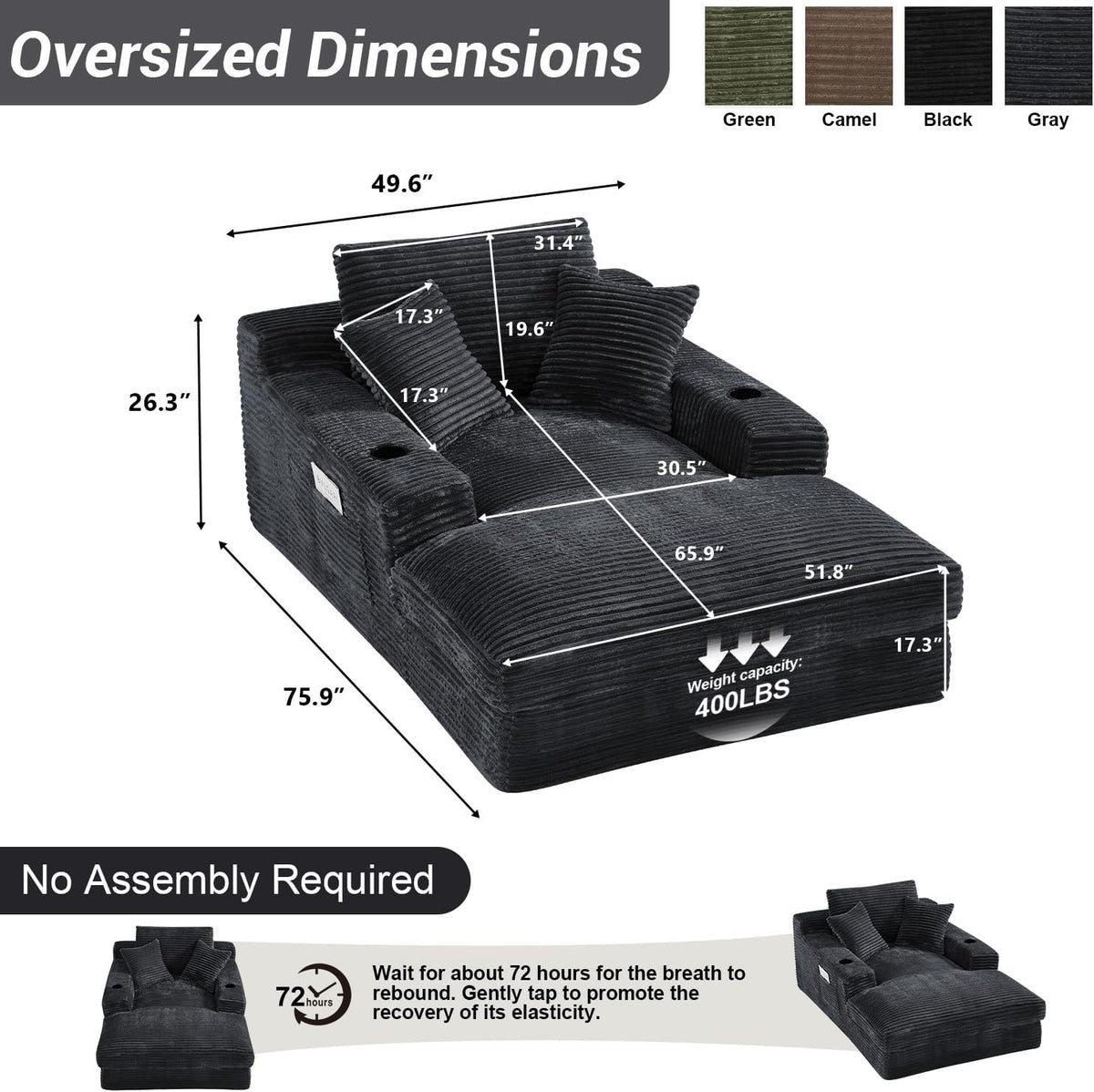 49" x 76" Corduroy Chaise Lounge, Cup Holders, Dark Gray | Super-oversized corduroy chaise with deep sleeper seating and built-in cup holders for reading, lounging, or overnight rest.