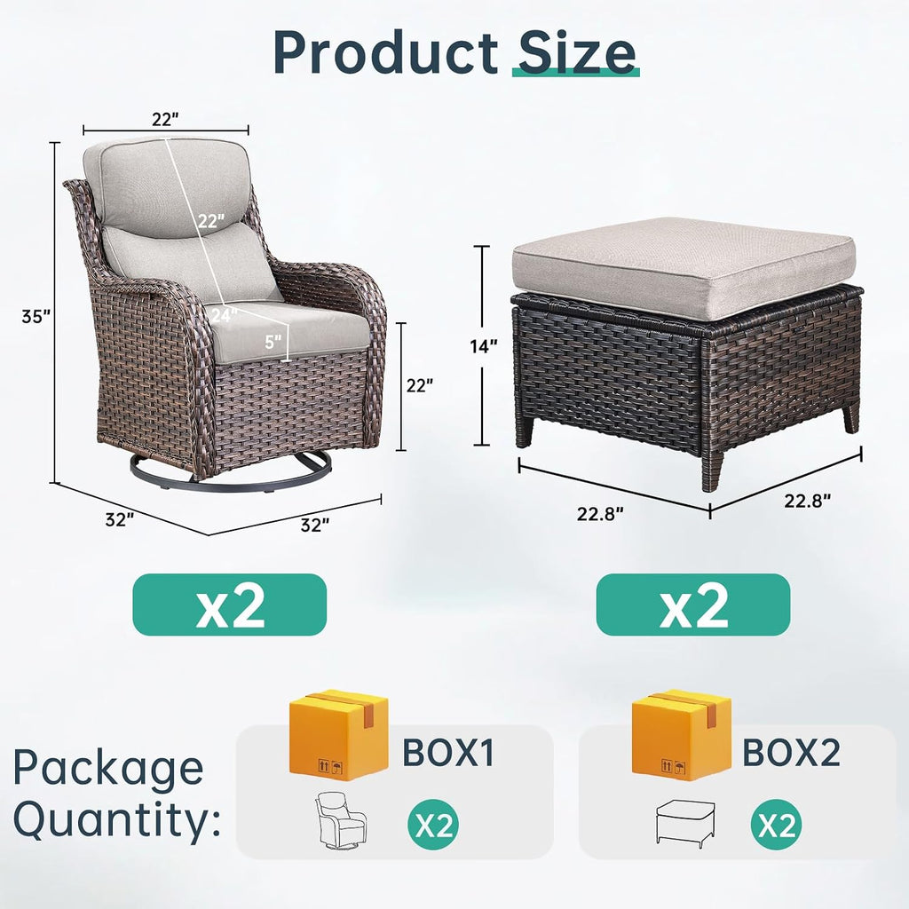 Outdoor Swivel Rocker Patio Chairs with 2 Ottomans - 5" Thick Cushion 4 Piece Furniture Set All Weather Comfortable Wicker Conversation Set for Porch Poolside and Deck - Brown/Beige