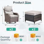 Outdoor Swivel Rocker Patio Chairs with 2 Ottomans - 5" Thick Cushion 4 Piece Furniture Set All Weather Comfortable Wicker Conversation Set for Porch Poolside and Deck - Brown/Beige