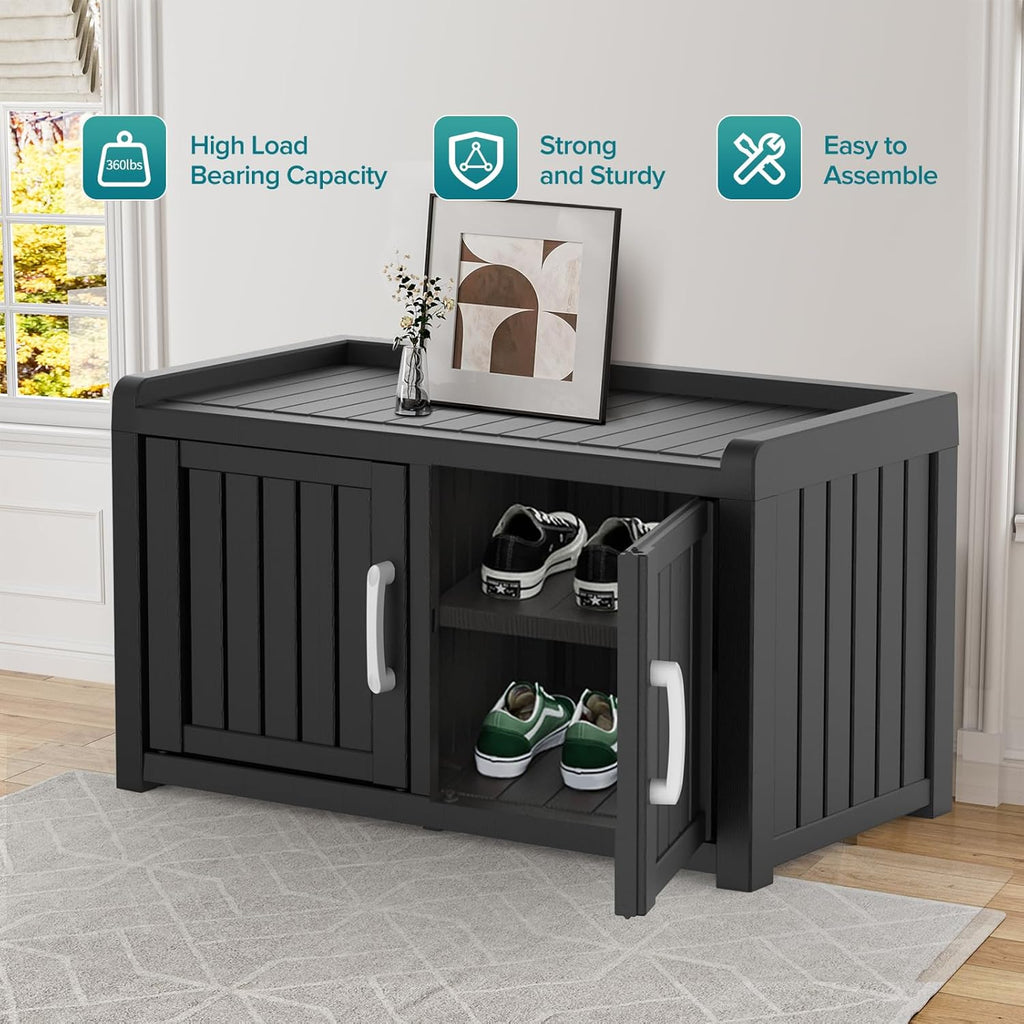 Waterproof UV-Resistant Outdoor Shoe Rack, 2-Tier Storage Cabinet Bench with 2 Doors & Adjustable Shelves, Indoor Outdoor Shoe Organizer for Entryway Hallway Living Room, Black