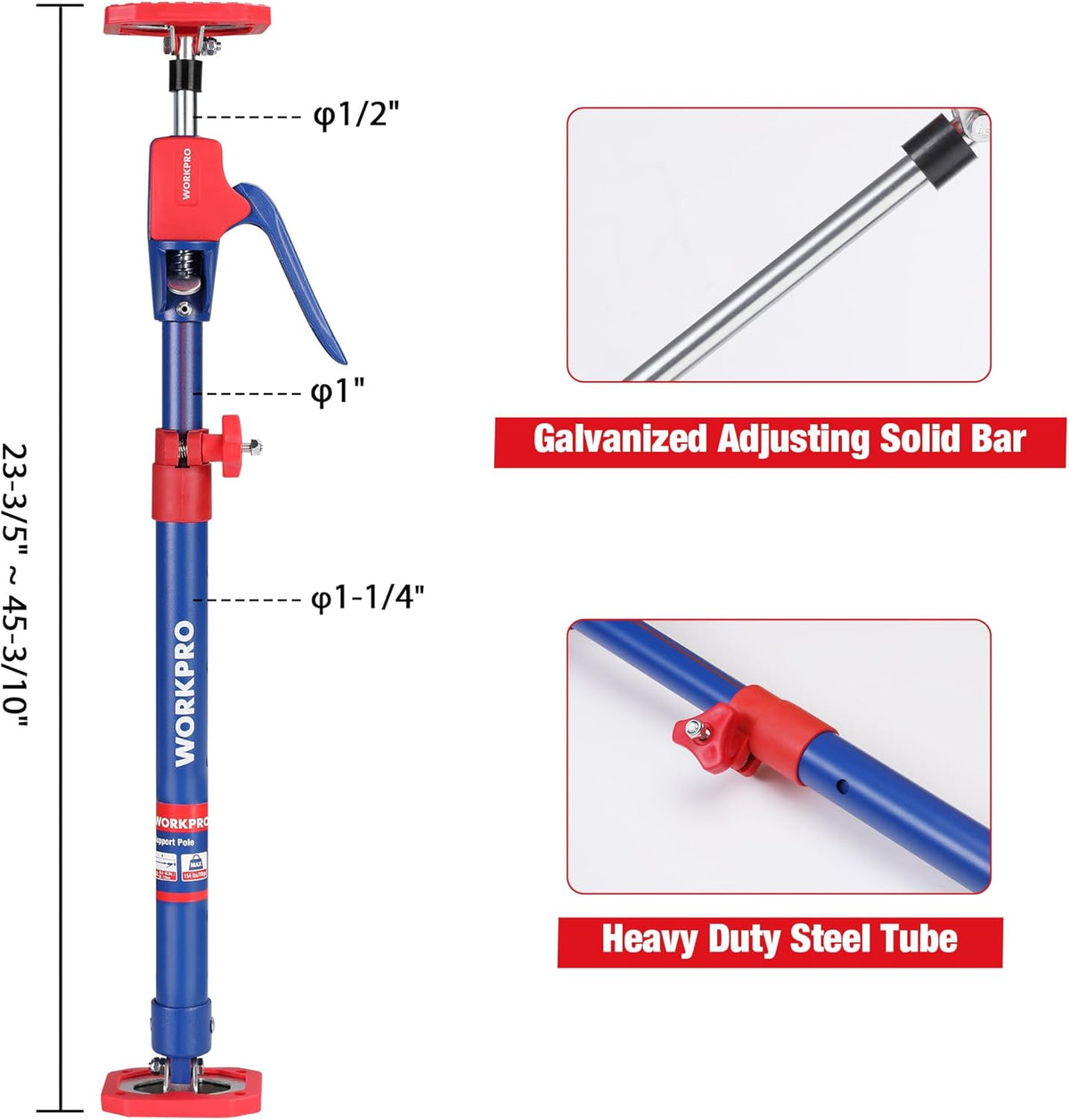 WORKPRO Cabinet Jack Support Pole, 23-5/8" to 45-1/4" Steel Telescopic Quick Support Rod Adjustable 3rd Hand Support System with 154 lbs Capacity for Cabinet Jack, Drywall Jack& Cargo Bars, 2-Pack