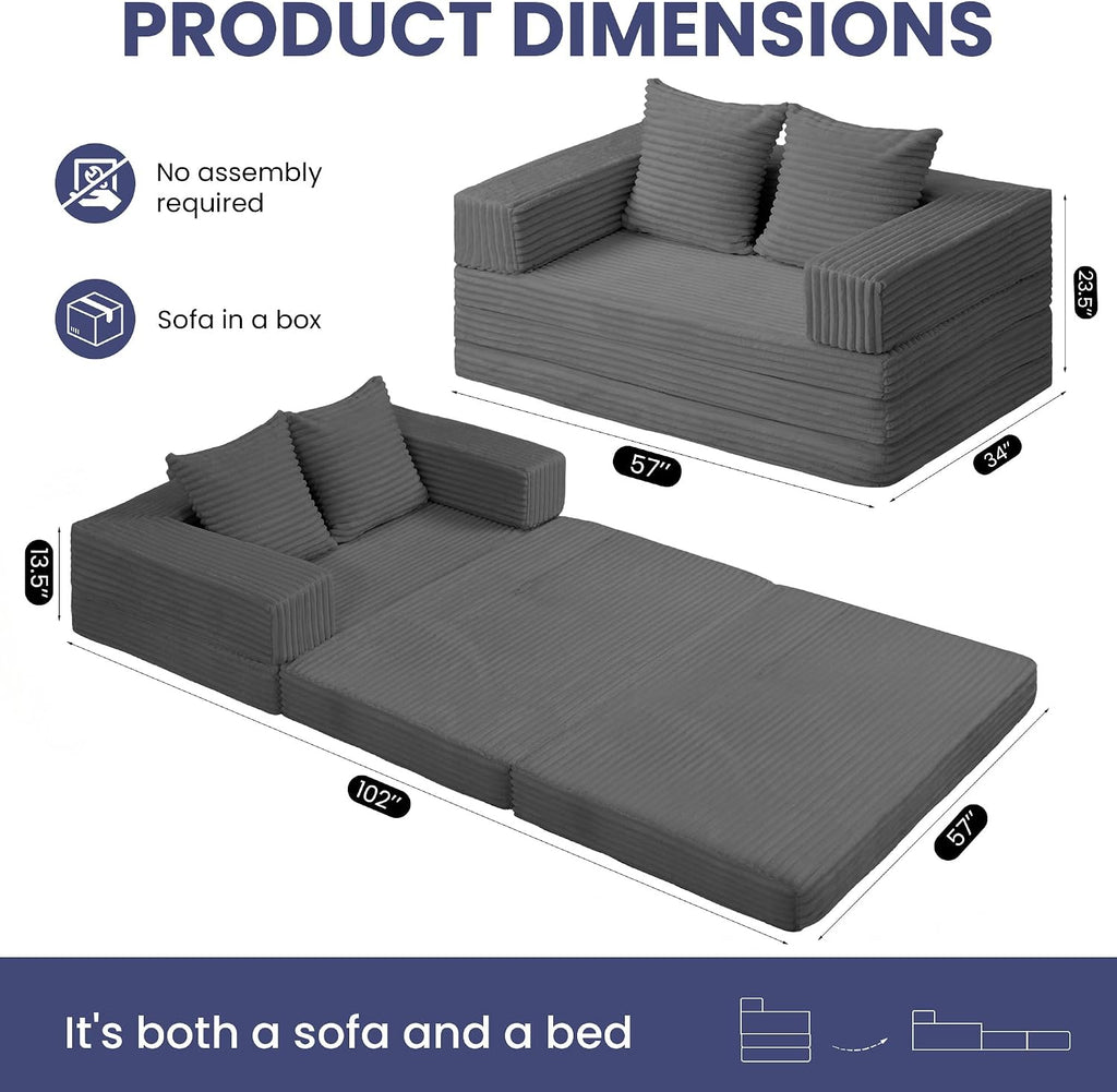 Convertible Sofa Bed, 4-in-1 Loveseat with Removable Armrests Backrest, Corduroy Futon Couch Bed with Pillow, Foldable Mattress Sleeper Sofa for Living Room Bedroom Small Place (Grey)