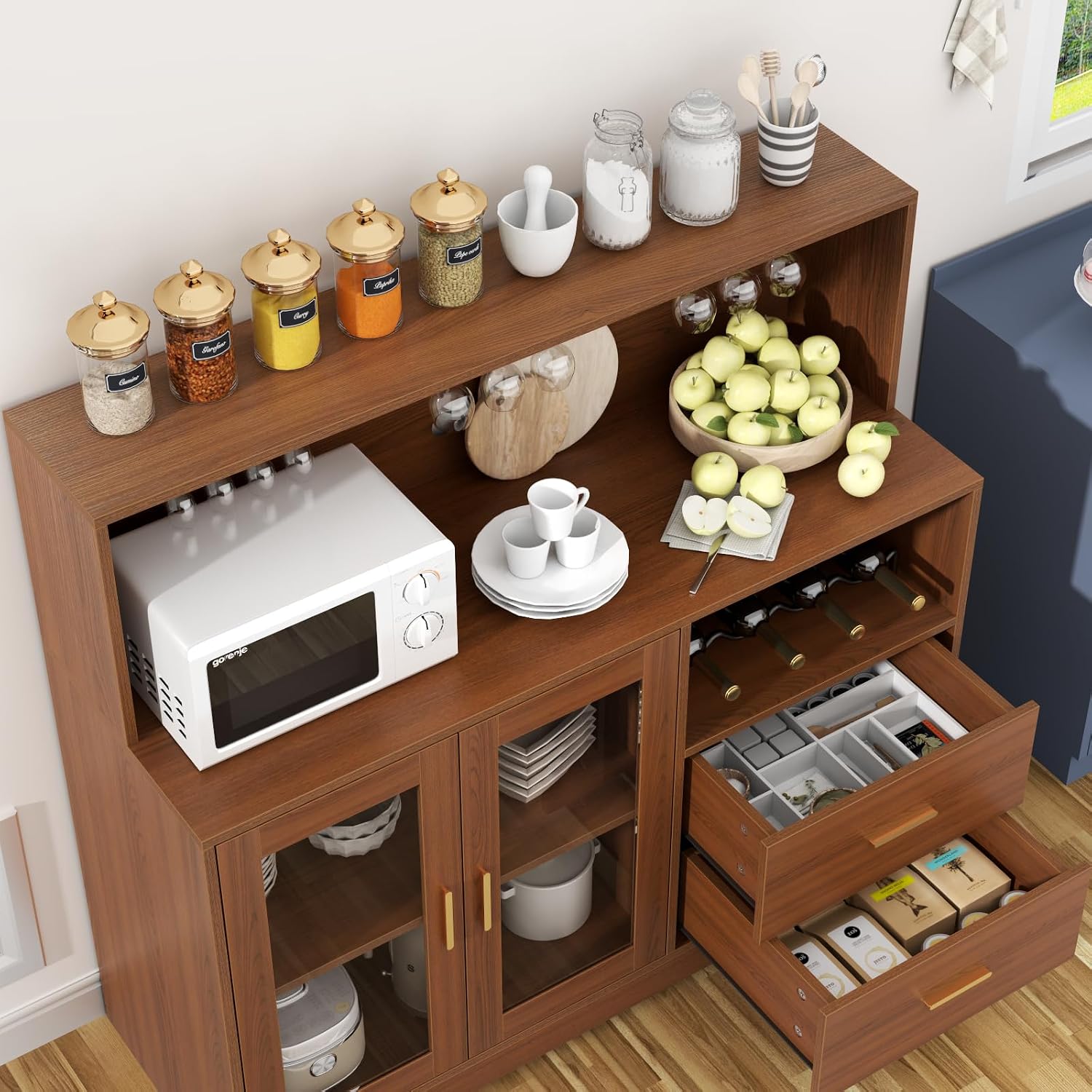 Bar Cabinet for Home with LED Light,Coffee Bar Cabinet w/ Wine & Glass Rack | Kitchen Buffet Sideboard with Storage Cabinet&Drawers, Modern Liquor Cabinet for Living Room Dining Room (Brown)