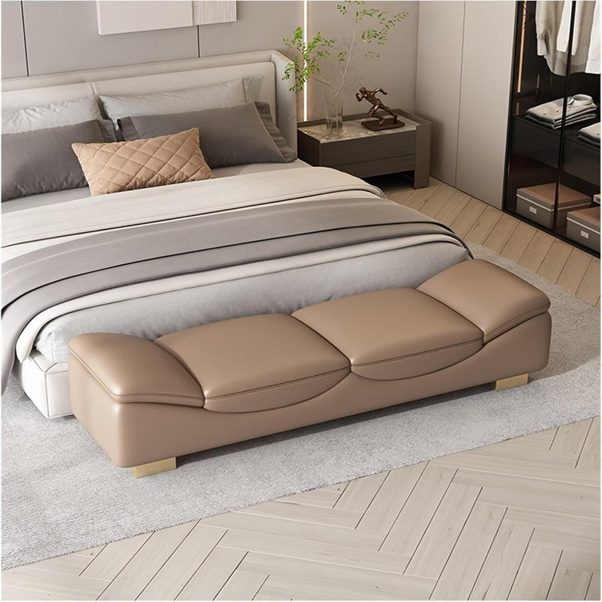Modern End of Bed Bench, Indoor Entryway with Metal Legs, Cushioned Ottoman for Living Room, Bedroom, Dining, Hallway Entryway(Brown,150 * 50 * 50cm)