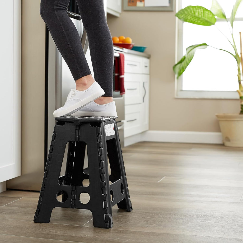 Casafield 18" Folding Step Stool with Handle, Black - Portable Collapsible Small Plastic Foot Stool for Adults - Use in the Kitchen, Bathroom and Bedroom