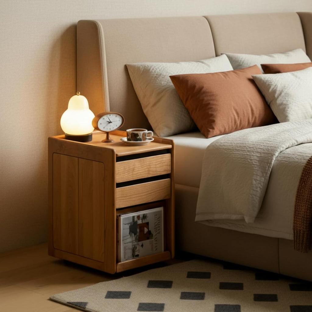 YESWOOD Solid Cherry Wood Side Table with Wheels, Narrow Side Tables with Storage Drawers, Rolling Wood Nightstand for Bedroom Living Room Study(Cherry Color, 22.76" H)