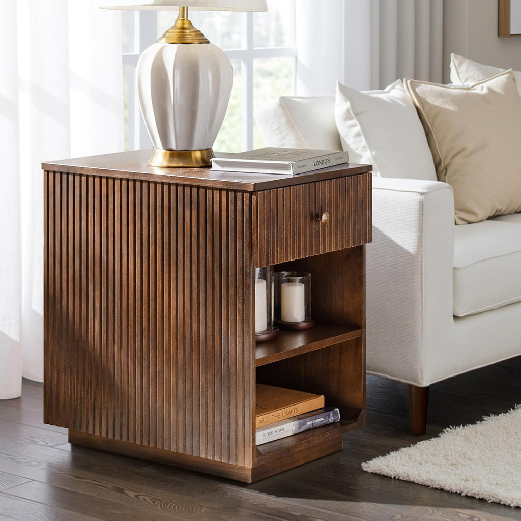 HULALA HOME Mid-Century Modern End Table with Drawer and Open Shelves, Solid Paulownia Wood Side Table, Brass Knob, No Assembly Required(Walnut)